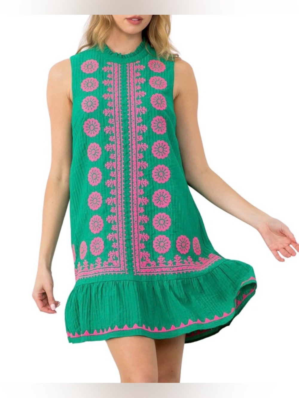 Green Sleeveless Embroidered Shift Dress with Pink Accents
